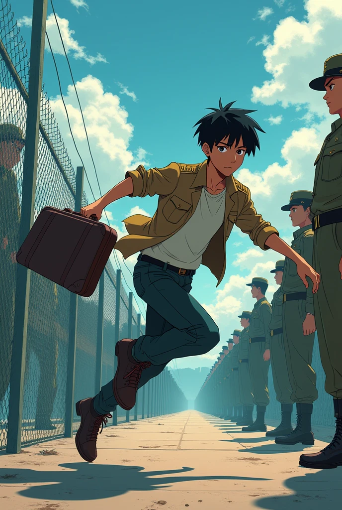 Image of an anime teenage boy stealthily crossing a fence without being seen by the military while carrying a suitcase in his hand