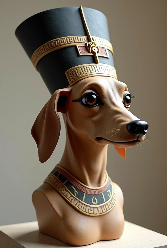 Make a reinterpretation of Nefertiti's bust but change her face to that of a dog and with the hat