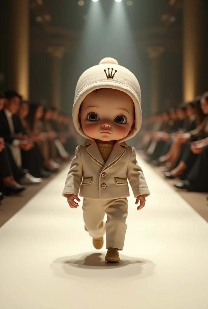 New with a very large head, dressed in a Rolex suit and hat, at a realistic full-length fashion show