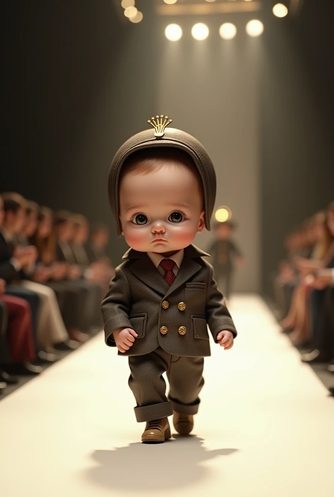 New with a very large head, dressed in a Rolex suit and hat, at a realistic full-length fashion show