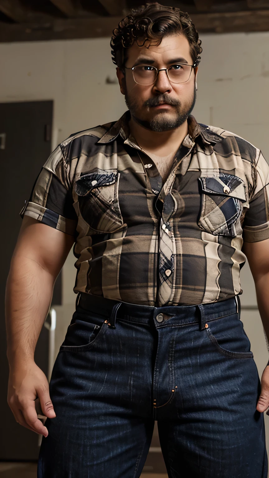 A boy with light brown skin, large square glasses, short, disheveled curly hair, a small beard and mustache, a closed plaid shirt, black denim pants, an intellectual appearance. Fat.