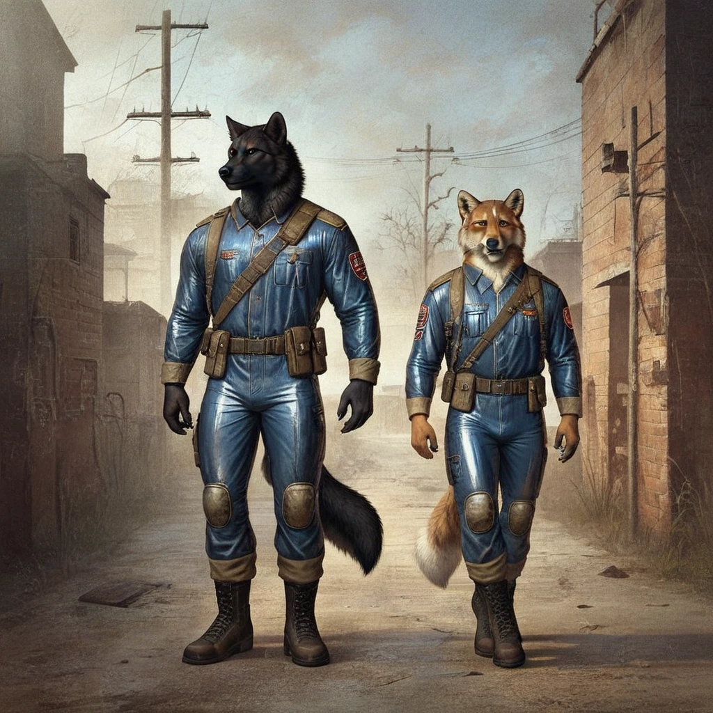 Masterpieces, furry, male, Anthropomorphic, full body, old age, rugged, black wolf, two men, type, white goatee, grizzled fur, soldier, glistening body, ebony skin, depth of field, warm lighting, bright lighting, (best quality),(masterpiece),(ultra detailed), sharp focus, wasteland background, fierce look, evil grins, scars, glossy, oiled up body, bushy tail, tight black bodysuit