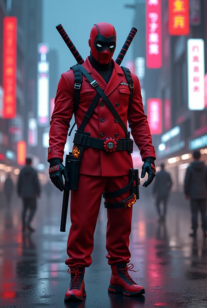 A landscape of Mexico/futuristic japan, at night with a man in a red suit with black lines, with red mask and black masks, Black gloves with red buttons and black capsules, black belt with red lines and in the center an image of the mask, Black shoes with red soles with black circles and 2 short katanas on his back with fire symbols, 2 pistols with fire symbols and a red flower resembling flames of fire in the front pocket of his suit