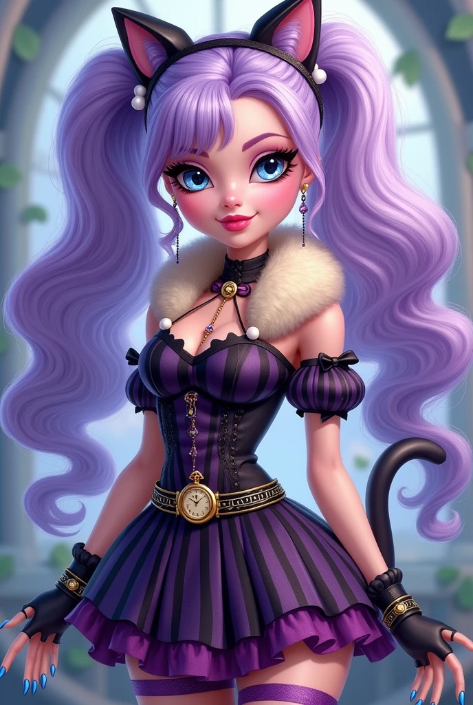 Imagem da filha da Kitty Cheshire e da Bunny Blanc de Ever After High: Tem que ter o cabelo longo encaracolado lavanda com mechas lilac, tied in high pigtails, light blue eyes with cat pupils and fair skin, blue pointy nails, pink lipstick,dress in shades of purple, lilac, blue and black, on top a tight bodice with black and dark purple stripes, dark purple skirt with black stripes, a small beige faux fur collar tied with short black sleeves at the shoulder and behind the neck, black fingerless gloves with white pompom, meia calça lilac com listras roxo escuro, black shoe with a white pompom, a cat ear headband on the left side, a gold watch with a chain around her waist, gold watch necklace