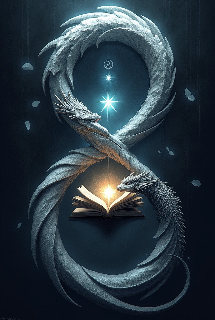 a large, black infinity symbol, turned 324°, within this symbol, on its left side, a small, silver, winged dragon, illuminated by comfortably light colors, snaking towards the center, with shiny scales and sharp claws . On the right side, a small silver serpent outlines the circle, illuminated by uncomfortably very dark colors. At the point where the dragon and the serpent meet in the center, there is a six-pointed star, half luminous and half shadowy, floating above an open book whose pages are moving as if they were leaves in the wind. In the space around the central symbol, there are shadows and lights that appear to be in constant motion, giving the impression that the symbol is alive and in a state of flux. On top of the symbol written in a sign in clear, large, silver letters "GUARDIÕES"