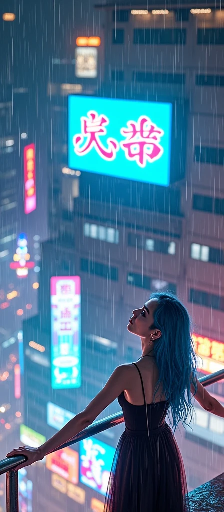 A realistic image of a building's terrace at night, seen from above, with several taller buildings nearby making up the background, illuminated by colorful neon signs and billboards., It's raining and right in the center of the terrace at the top of the building a woman wearing a black gothic dress with long blue hair and smudged makeup due to the rain is standing with her arms open looking up feeling the rain on her face.