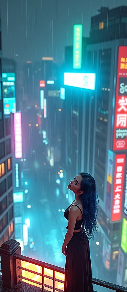 A realistic image of a building's terrace at night, seen from above, with several taller buildings nearby making up the background, illuminated by colorful neon signs and billboards., It's raining and right in the center of the terrace at the top of the building a woman wearing a black gothic dress with long blue hair and smudged makeup due to the rain is standing with her arms open looking up feeling the rain on her face.