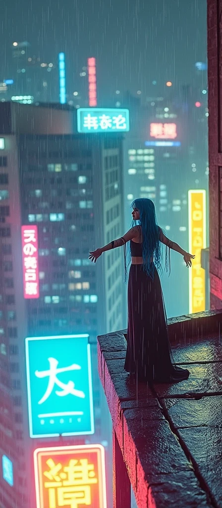 A realistic image of a building&#39;s terrace at night, seen from above, with several taller buildings nearby making up the background, illuminated by colorful neon signs and billboards., It&#39;s raining and right in the center of the terrace at the top of the building a woman wearing a black gothic dress with long blue hair and smudged makeup due to the rain is standing with her arms open looking up feeling the rain on her face.