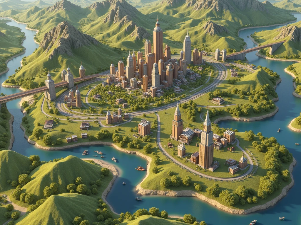 a regional map, based on a sketch, 8 cities in the region in dark blue, highly detailed, photorealistic, 4k, 8k, best quality, masterpiece, beautiful landscape, rolling hills, lush vegetation, winding rivers, detailed cities, skyscrapers, bridges, infrastructure, roads, street lights, realistic textures, natural lighting, vivid colors, cinematic composition