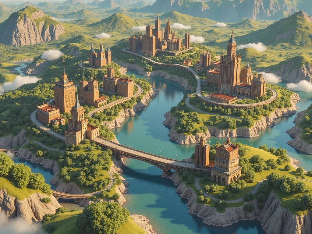 a regional map, based on a sketch, 8 cities in the region in dark blue, highly detailed, photorealistic, 4k, 8k, best quality, masterpiece, beautiful landscape, rolling hills, lush vegetation, winding rivers, detailed cities, skyscrapers, bridges, infrastructure, roads, street lights, realistic textures, natural lighting, vivid colors, cinematic composition