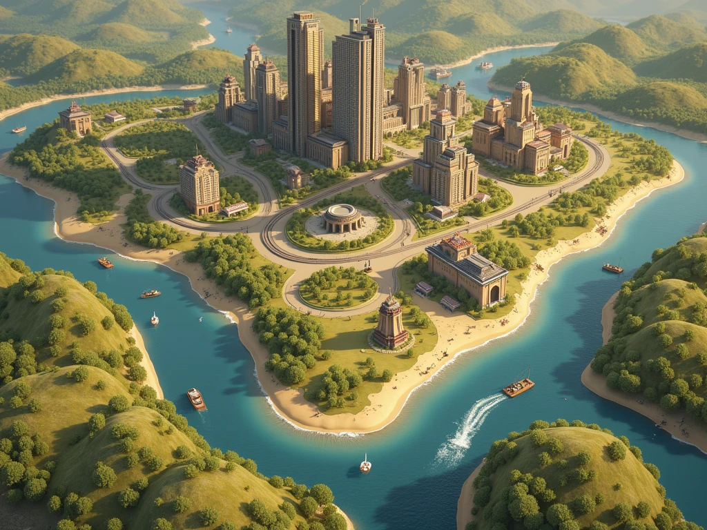 a regional map, based on a sketch, 8 cities in the region in dark blue, highly detailed, photorealistic, 4k, 8k, best quality, masterpiece, beautiful landscape, rolling hills, lush vegetation, winding rivers, detailed cities, skyscrapers, bridges, infrastructure, roads, street lights, realistic textures, natural lighting, vivid colors, cinematic composition