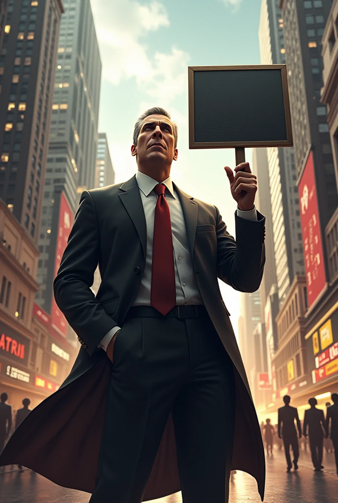 a powerful man, rich and happy who has a sign that says I am advertising and the economic movement is thanks to me , In a city where everything is a financial market and everything depends on him, why does he manipulate everything?
