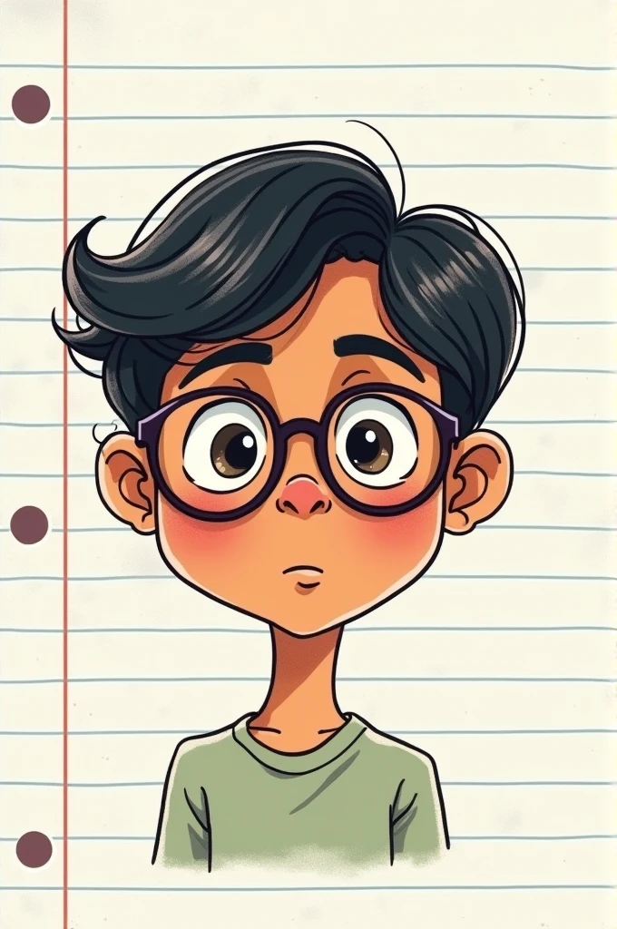 Create a colorful, minimalist cartoon-style illustration, as if it had been hand-drawn on an unlined notebook sheet. The drawing must capture a photograph of a young adult between the ages of 18 and 21., with short hair, slightly dark skin, with glasses, cabelo curto com franja, with simple and light lines, soft colors and minimal details, reflecting the casual, spontaneous style of a doodle made with pen or colored pencil. The proportions must be cartoonish, with simplified characters and objects and exaggerated expressions to give a fun and expressive touch. The texture of the notebook paper must be visible in the background., no lines, to reinforce the feeling of a colorful homemade sketch.
