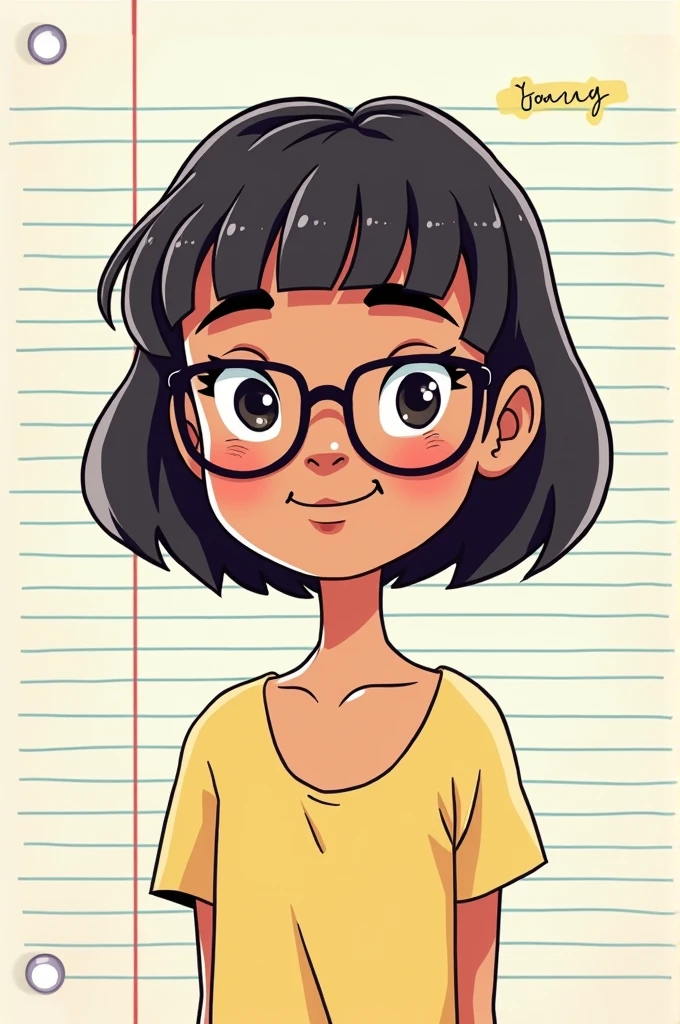 Create a colorful, minimalist cartoon-style illustration, as if it had been hand-drawn on an unlined notebook sheet. The drawing must capture a photograph of a young adult between the ages of 18 and 21., with short hair, slightly dark skin, with glasses, cabelo curto com franja, with simple and light lines, soft colors and minimal details, reflecting the casual, spontaneous style of a doodle made with pen or colored pencil. The proportions must be cartoonish, with simplified characters and objects and exaggerated expressions to give a fun and expressive touch. The texture of the notebook paper must be visible in the background., no lines, to reinforce the feeling of a colorful homemade sketch.