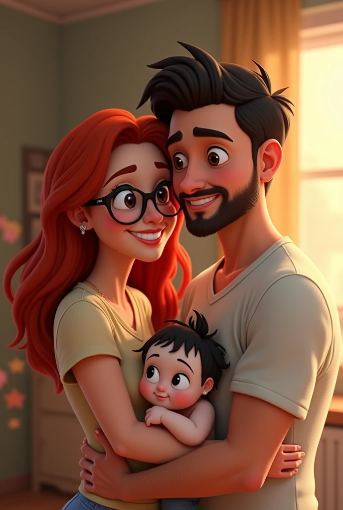 Disney-style animated image of a white-skinned woman with red hair and brown eyes wearing glasses hugging a light-skinned man with a beard and black hair with a slightly large nose and brown eyes. ,carrying a 10-month-old baby with white skin, black hair and big eyes