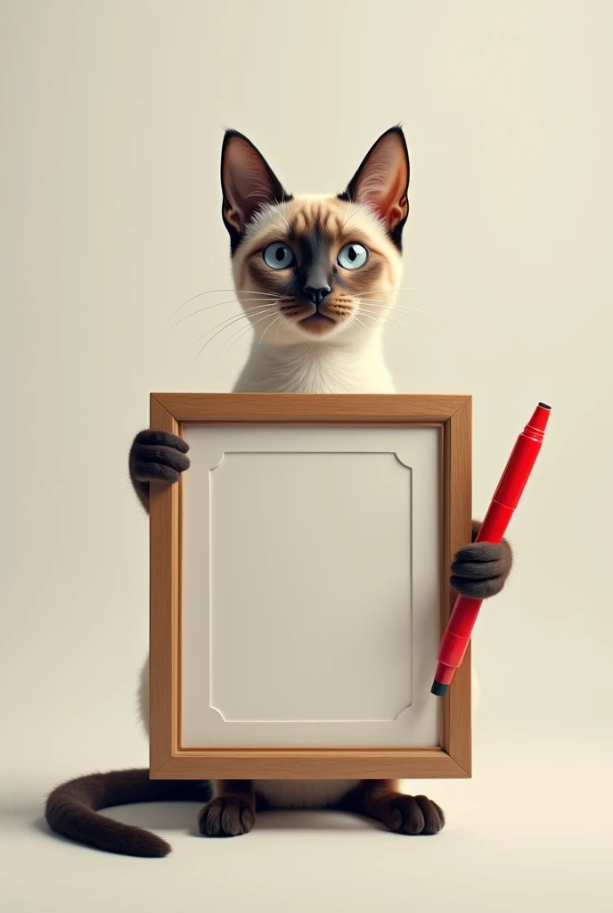 a Siamese cat holding an empty picture frame and also a red marker
