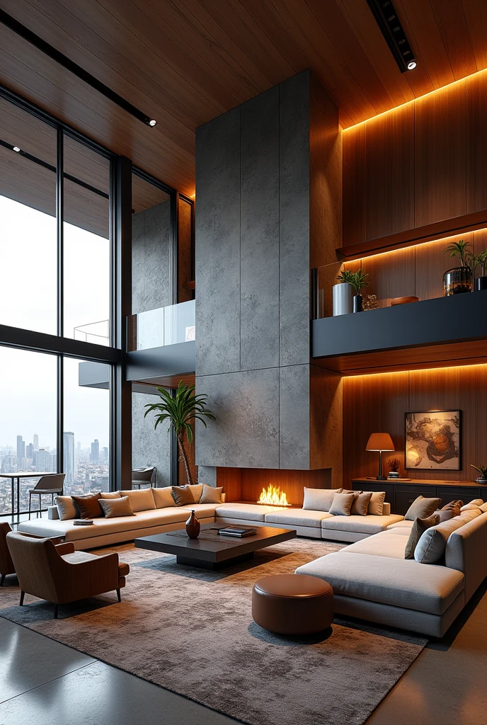 there is a living room with a couch, chairs, table and fireplace, luxury condo interior, photo of a loft interior, interior of a loft, architectural rendering, dramatic rendering, CG rendering, penthouse, zillow interior, mantra rendering, living room interior, large open floor plan, radiosity rendering, a photorealistic rendering, living room, high-end interior