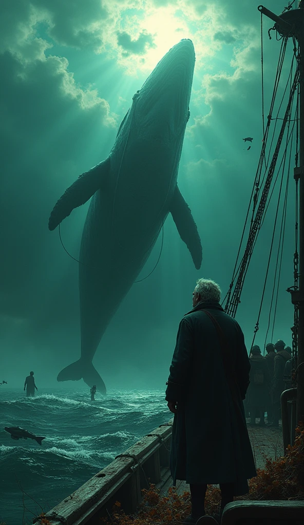 Représente Moby Dick plongeant dans les profondeurs de l'océan, sa massive queue disparaissant dans l'obscurité bleue et verte des eaux profondes. Les rayons de lumière du soleil pénètrent faiblement la surface, créant une atmosphère mystique. Le capitaine Achab, debout à la proue du *Pequod*, regarde fixement l'endroit où la baleine a disparu, son visage marqué par une expression d'obsession et de frustration. Autour de lui, l'équipage est figé, témoin de cette confrontation entre l'homme et l'inconnu, avec des détails comme des algues et des créatures marines en arrière-plan.