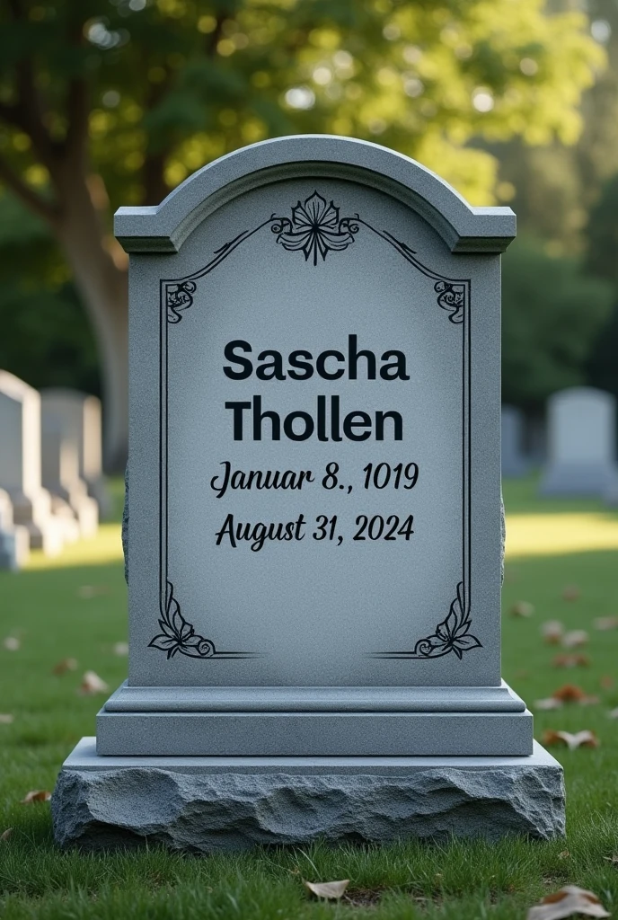 A gravestone with the name sascha tholen born on 08.01.1993 and died on 31.08.2024