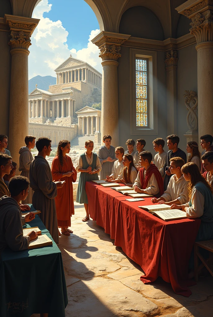 Generate an image that represents Athenian education and education in the Middle Ages. 