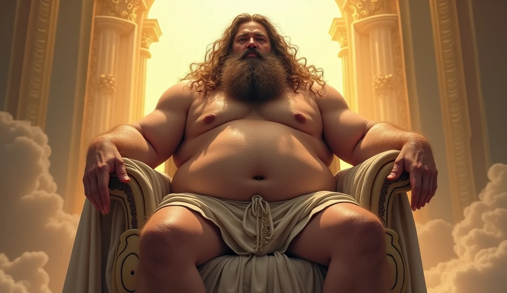 god on his throne ruling,Open legs, hair from navel to groin, Swim trunks with bulge, Chubby, Hairy, Bearded, high resolution, ultra-detailed , sharp focus, intricate details