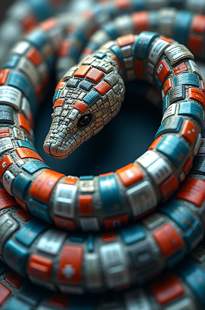 A snake eating its own tail, but the snake is composed of interconnected consumer items (smartphones, credit cards, fast food, etc.). The snake forms a perfect circle, symbolizing the endless cycle of consumption. The center of the circle could have a subtle, glitchy effect, hinting at the digital overload.