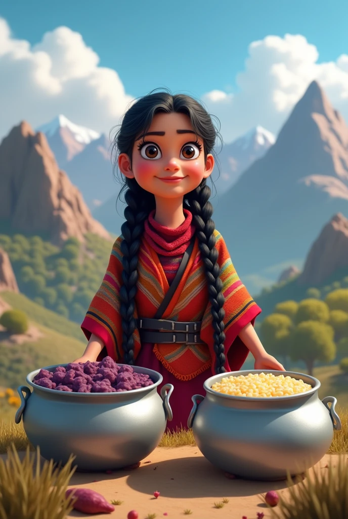 Animated image, from a countrywoman from the Peruvian mountains, with two braids, A traditional blanket is draped over her shoulders. In front of her are two pots filled with purple porridge and the other with Peruvian rice pudding., The pots are those large aluminum ones