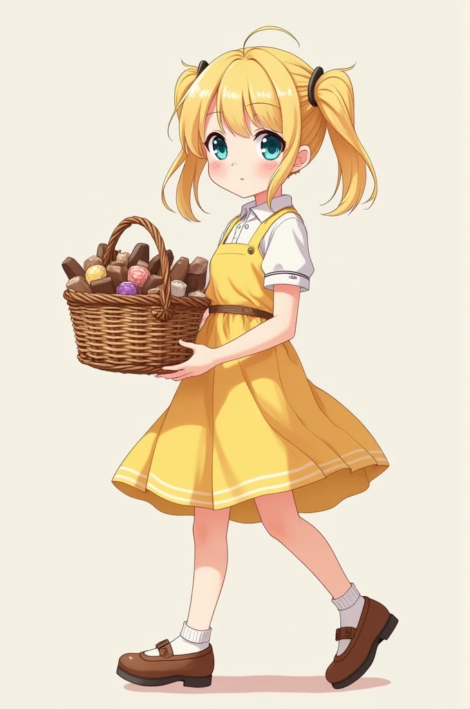 Create a white anime girl, with blonde hair, with two short pigtails down below, yellow dress with a white polo shirt underneath it dress without shoes,blue eyes, en esta pose🚶sosteniendo una canasta de chocolates