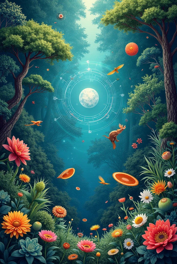 Biology cover, nature trees plants, animals atoms cells