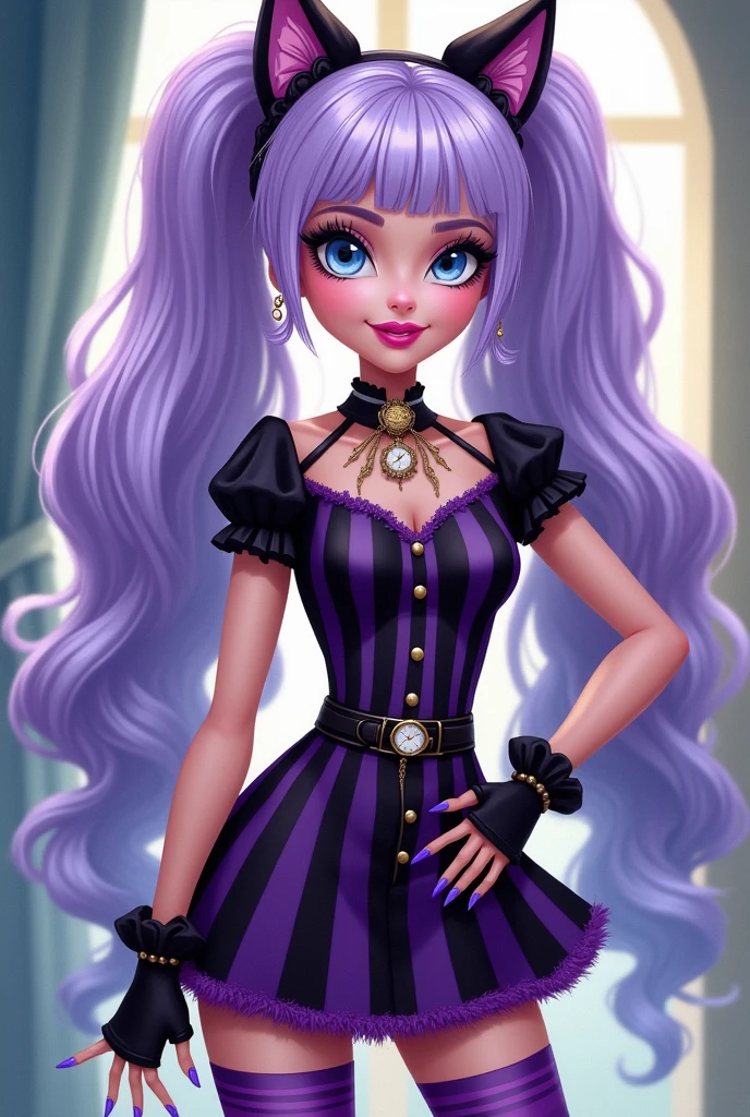 Imagem da filha da Kitty Cheshire e da Bunny Blanc de Ever After High:  Tem que ter o cabelo longo encaracolado lavanda com mechas lilac, tied in high pigtails, light blue eyes with cat pupils and fair skin, blue pointy nails, pink lipstick,dress in shades of purple, lilac, blue and black, on top a tight bodice with black and dark purple stripes, dark purple skirt with black stripes, a small beige faux fur collar tied with short black sleeves at the shoulder and behind the neck, black fingerless gloves with white pompom, meia calça lilac com listras roxo escuro, black shoe with a white pompom, a cat ear headband on the left side, a gold watch with a chain around her waist, gold watch necklace