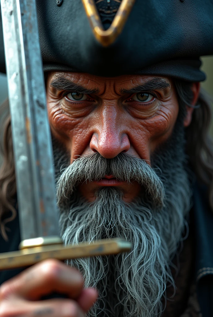 Ready-to-wear brand logos ; face of a corsair with a long beard and long graying hair ; with a worn corsair hat ; tenant une épée qui traverse l'image ;
The face must show scars from life