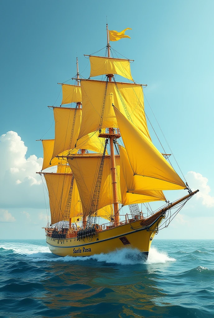 Photorealism of pirate santa rosa yellow sailing boat with santa rosa text on it