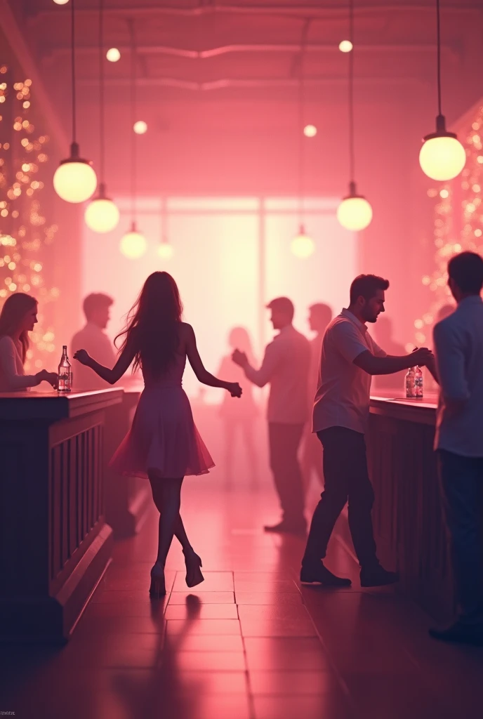 A background of a bar with soft with light pink tones, with good lighting and some people dancing 