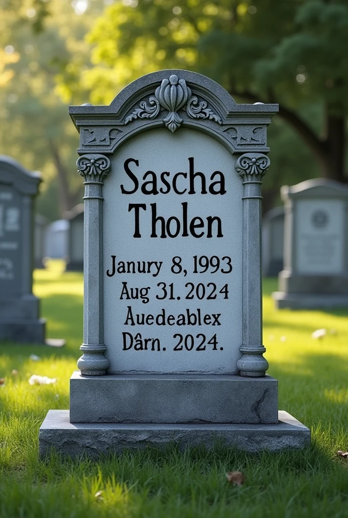 A gravestone with the name sascha tholen born on 08.01.1993 and died on 31.08.2024