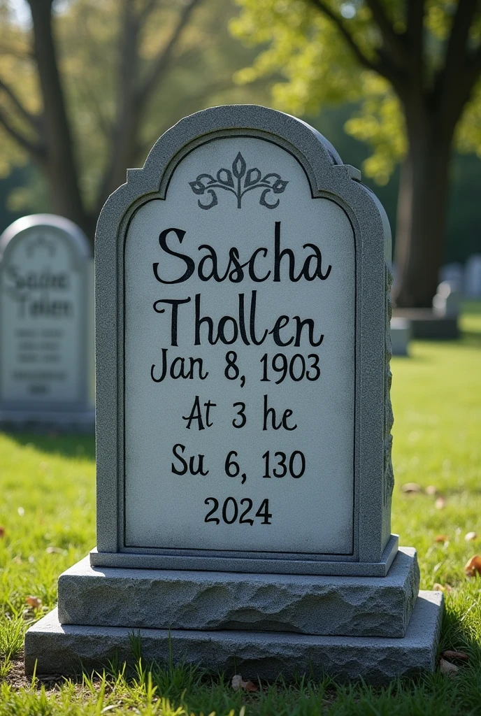 A gravestone with the name sascha tholen born on 08.01.1993 and died on 31.08.2024