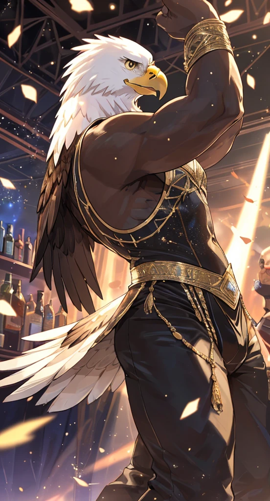 Game Art Style, Refined art, masterpiece, ((alone)), Humanity,((male, Male Eagle)), Expressive, Excellent anatomy, Charm,On stage,She works as a dancer in a bar.,,Strip show star,(((Very revealing dance costume))), dancing, Black Feather, Yellow Eyes, Very strong body,(((とてもCharmな股間の膨らみ))),Highly detailed background, 完璧なmasterpiece, high quality, High resolution writing boundary depth, Perfect lighting, (Particles of light),(最high quality),(masterpiece),Sharp focus,Particles of light
