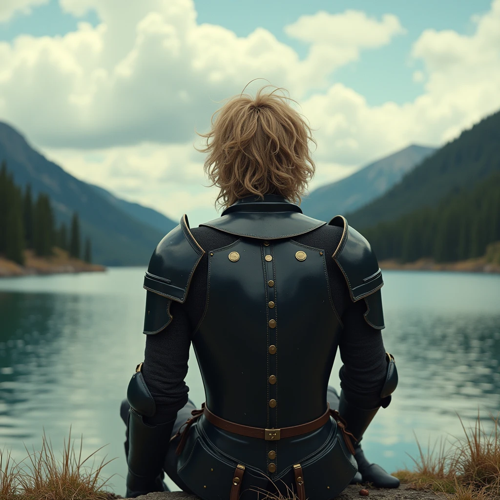 vintage, knight sitting in front of a lake seen from the back, knight has blond brown short hair which is disheveled tousled like surfer hair, has black armor, mountain background, woods, some clouds