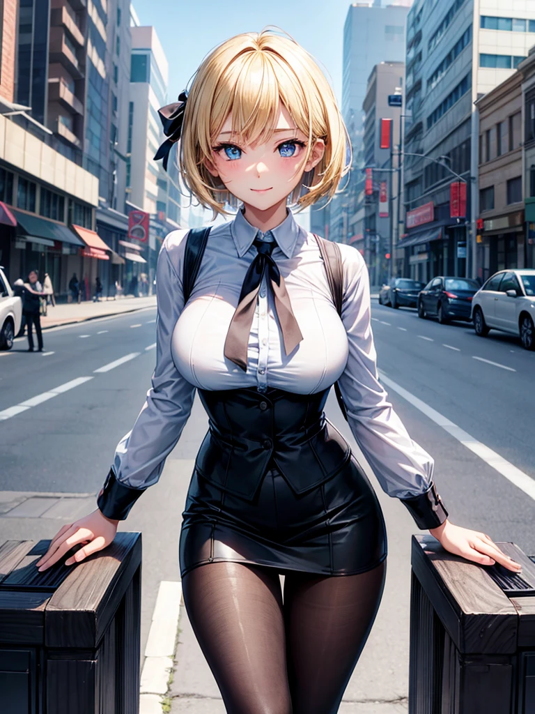 Anime style, super fine illustration, highly detailed, beautiful detailed, perfect detailed, super high quality image, static representation, gentle expression, happy expression, the pretty image, super stylish, 8k, beautiful face, handsome face, perfect & pretty 1girl with blonde straight short hair & blue eyes & a bright smile & full bust & soft fair skin is a female supervisor who is not to show her skin wearing big light blue business shirt & black summer tailored jacket & black tight skirt & black pantyhose on the urban business buildings street, in the morning, solo, perfect fingers, no more fingers, no less fingers, perfect arms, no more arms, perfect legs, no more legs, no more hair, masterpiece.