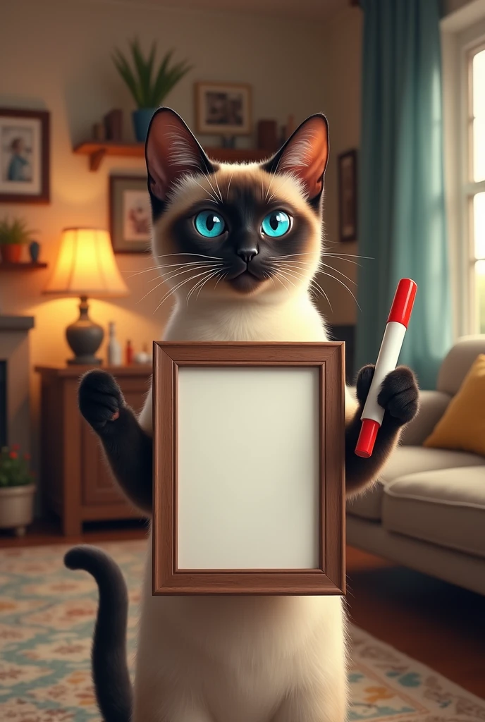 A Siamese cat holding an empty picture frame and also a red marker in a living room of a house