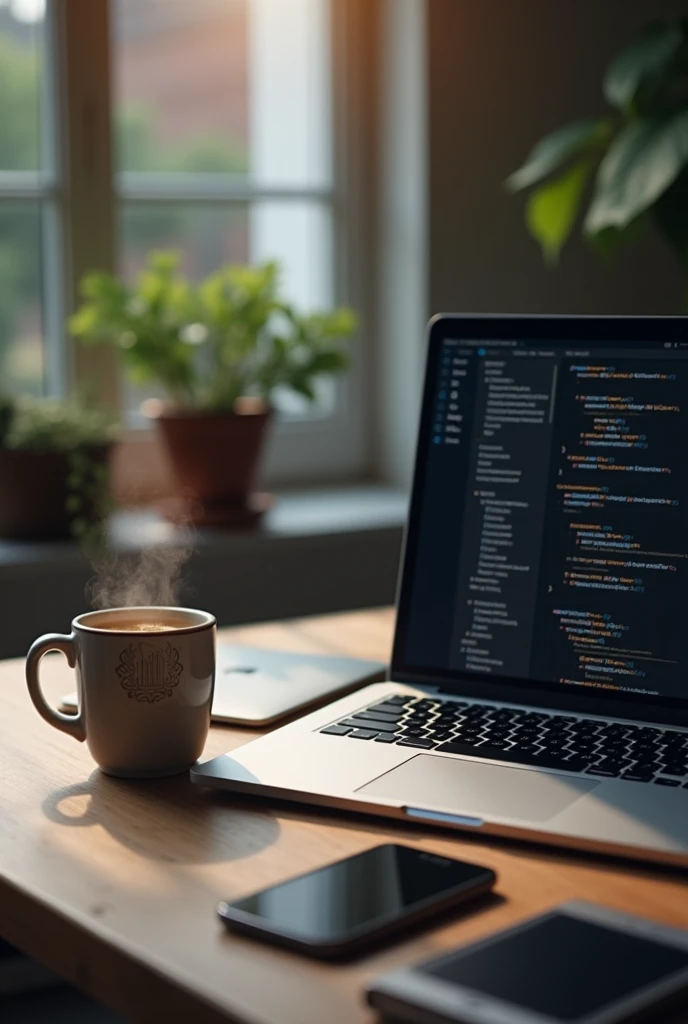 Computer desk with open laptop, on the side a cup of coffee with coffee 