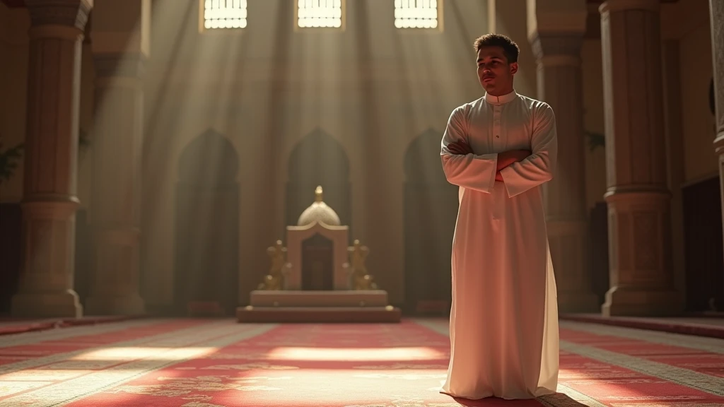 The same young Middle-Eastern man in a white traditional prayer garment, standing with his arms crossed over his chest, eyes softly gazing downward, positioned on a beautiful patterned prayer rug, surrounded by the intricate design of a mosque interior, gentle ambient lighting illuminating the scene, capturing the reverence and tranquility of the recitation stage, 16:9 aspect ratio, hyper-realistic, f/2.8, ISO 200, 50mm lens 