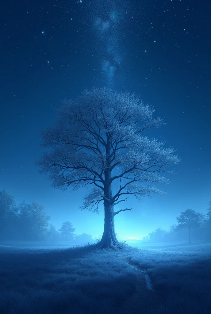 starry Night, with a light blue tone and a tree in the middle, More horizontal and more nighttime image, that the tree has a kind of celestial aura