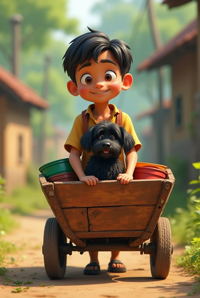 A young man , very humble, With an old rusty cart with colorful buckets he carries a very small black dog in his cart in an animated way