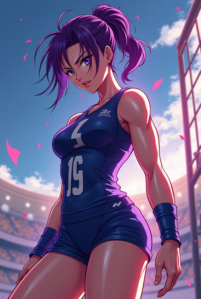 Bluelock style, female gender, purple hair color and volleyball player