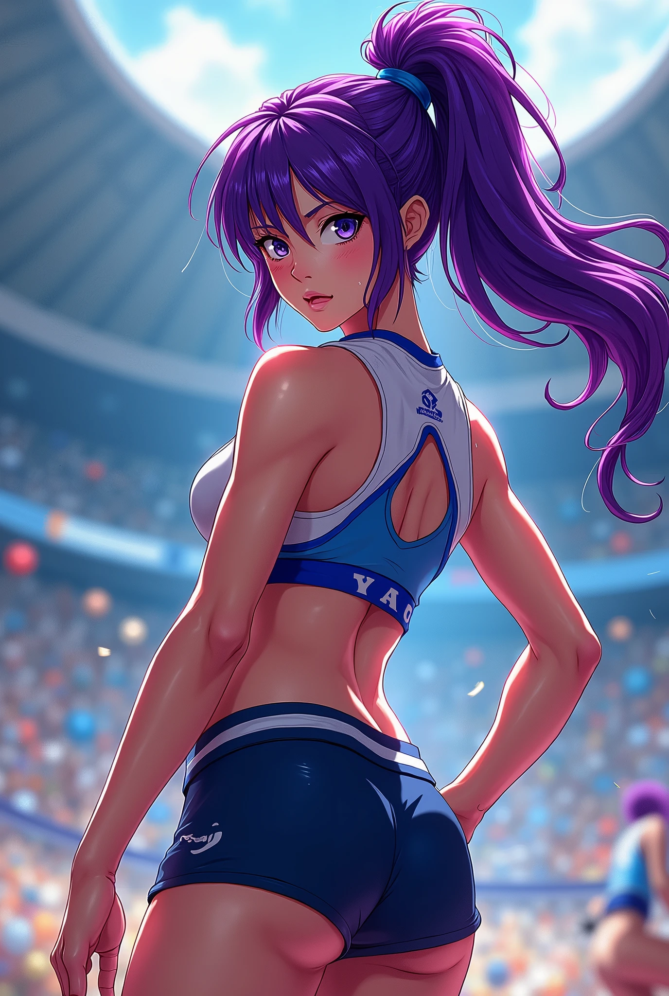 Bluelock style, female gender, purple hair color and volleyball player