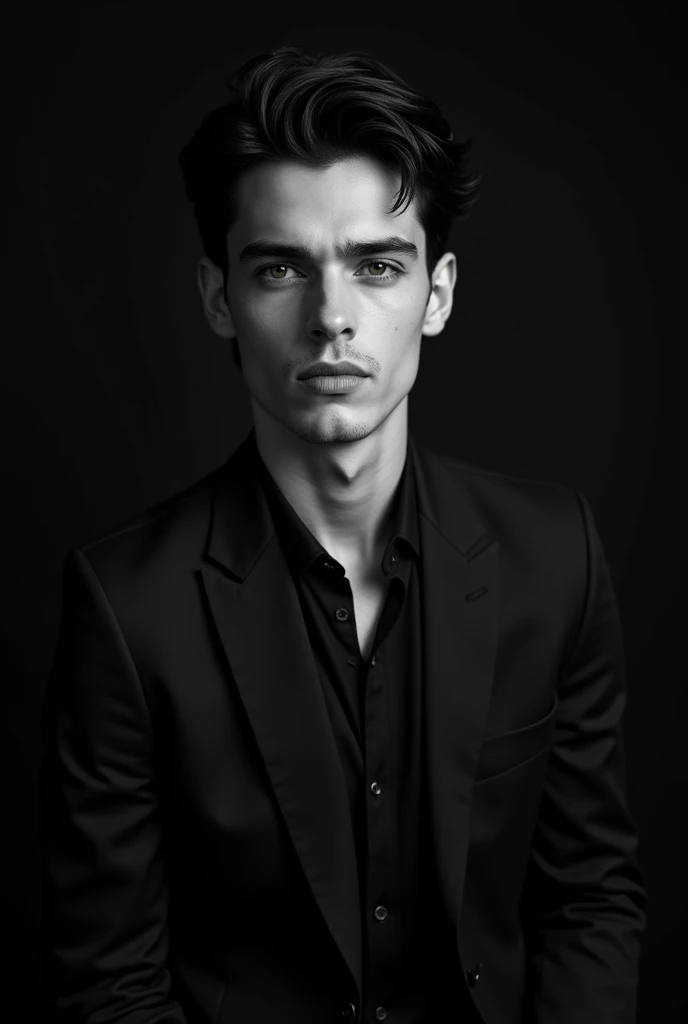 A professional black-and-white portrait of a perfect handsome young man, dark hair. wearing modern stylish fashion with blazer. unique character and personality and style. The background is solid black, highlighting her features and creating a sleek, modern look. The lighting is soft and evenly distributed, emphasizing confident and approachable expression.