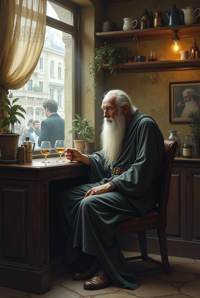 Gandalf dead drunk at the counter of a Parisian cafe
