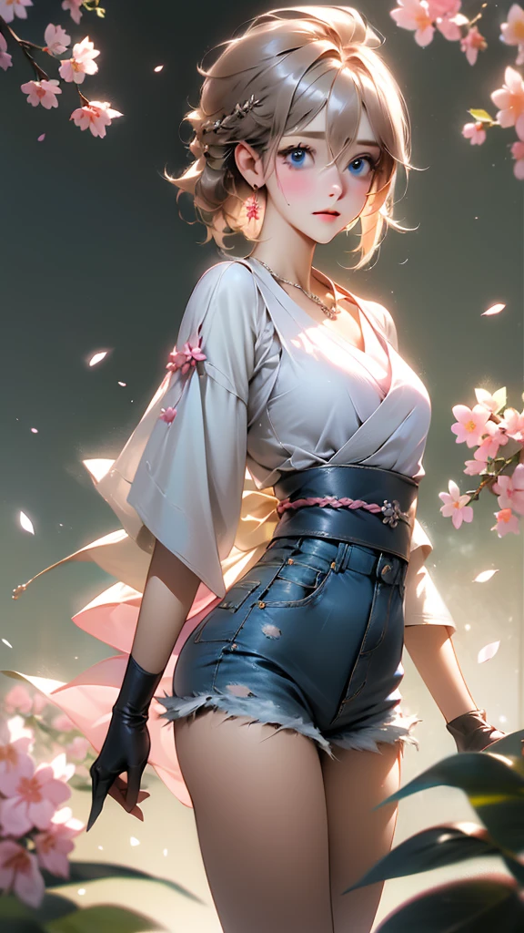 a girl in white shirt and shorts standing front of house, in the style of hyper-detailed portraits, light pink and dark silver, japanes anime, 8k uhd, gloves, blue eyes, pink gloves, shorts, jewelry, moon, short hair, earrings, cherry blossoms, mole, necklace, denim, low-angle shot, muted black color grading, rear projection, stuck in the mud(Hair style:1.5)(detailed landscape:0.6)(feminim:1.2)(hand detailed:0.2)(background masterpiece:0.1)