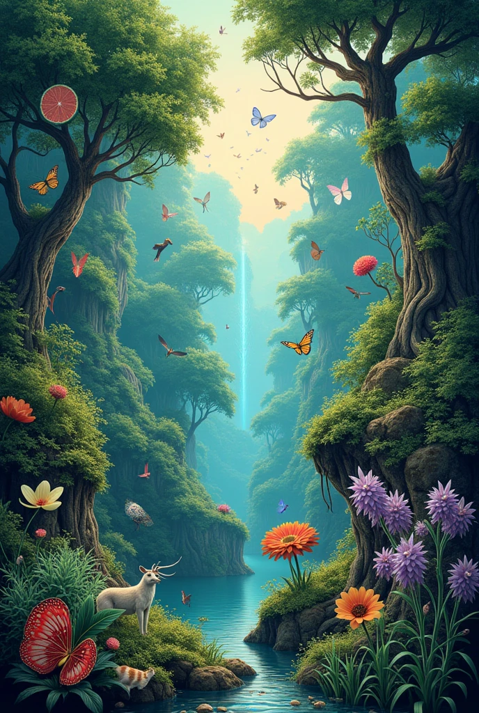 Biology cover, nature trees plants, animals atoms cells 