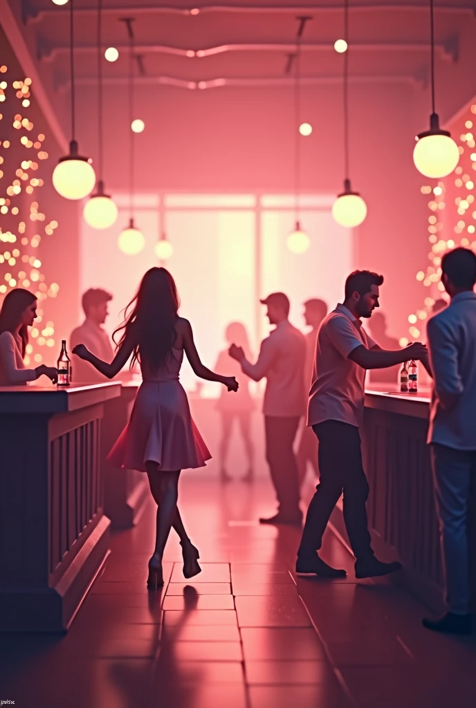 A background of a bar with soft with light pink tones, with good lighting and some people dancing